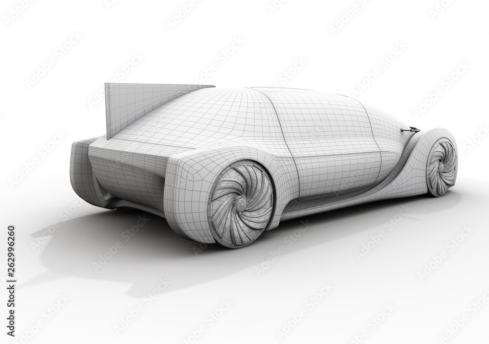 Aufkleber clay wireframe rendering of electric car on white background. 3d rendering image.