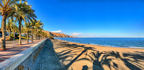 Panoramic view of the Mediterranean beach of Roquetas de Mar in southern Spain.
