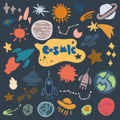 Hand drawn space elements. Space doodle illustration.