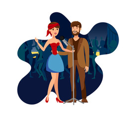 Singers Duet at Night Club Party Flat Illustration
