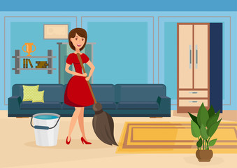 Happy Housewife Cleaning Flat Vector Illustration