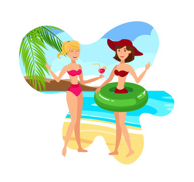 Girlfriends on Tropical Resort Vector Illustration