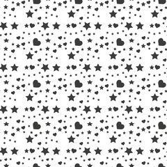 Seamless pattern with black hearts and stars on white background. Vector illustration