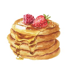 Hand drawn watercolor pancakes with syrup, strawberry and raspberry isolated on white background. Delicious food illustration.