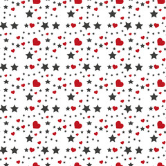Fototapeta na wymiar Seamless pattern with red hearts and black stars on white background. Vector illustration