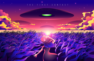 A conceptual illustration of the girl looking up to the sky and see the UFO fleet. © Bryan Vectorartist