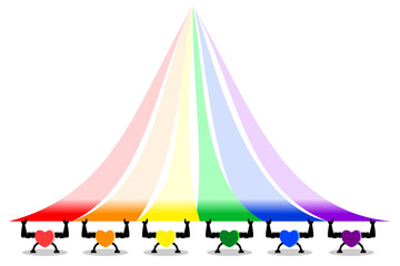 Colorful strong and healthy hearts lifting rainbow stripes, LGBT colors. Copy-space for add text is on top (light colors). Concepts of support LGBTQ, sports day, colorful valentines, etc. Vector illus
