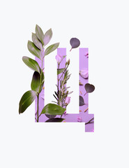 Cyrillic letter with green leaves on light purple background isolated on white