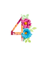 number 4 with paper cut bright flowers and leaves isolated on white