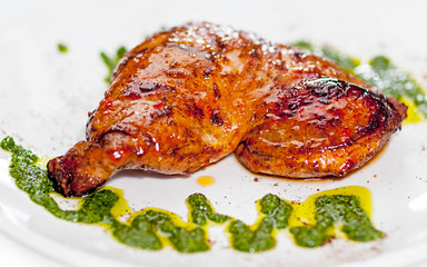 A plate with meat dishes, kebabs, bishtex, sauces and various croutons.