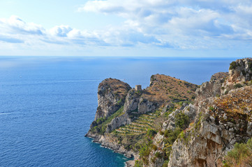 View of landscape on the Amalfi coast, between sea and mountains