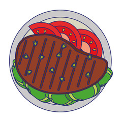 Beef steak with tomato and lettuce healthy food blue lines