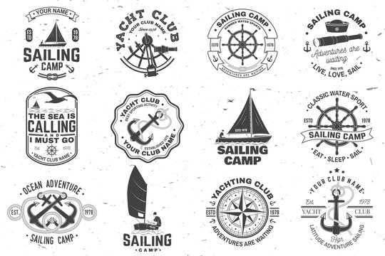 Set of sailing camp and yacht club badge. Vector. Concept for shirt, print or tee. Vintage typography design with black sea anchors, hand wheel, compass and sextant silhouette.