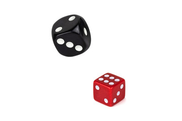 Two dices isolated on white. Red lies like six with a shadow, black in flight.