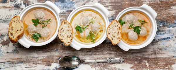 Food banner vegetable soup with meatballs. Cabbage, potatoes, carrots and meatballs.