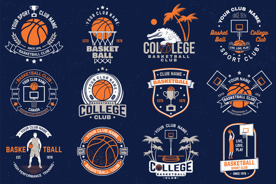 Set of basketball club badge. Vector. Graphic design for t-shirt, tee, print or apparel. Vintage typography design with basketball hoop and ball silhouette.