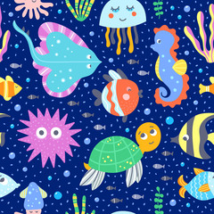 Sea animals and ocean creatures seamless vector pattern. Kids background with funny characters living in the ocean