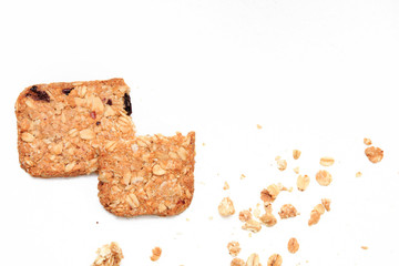 muesli cookies isolated on white background, selective focus. Top view