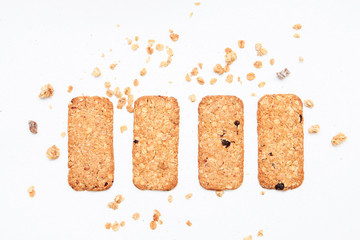 muesli cookies isolated on white background, selective focus. Top view