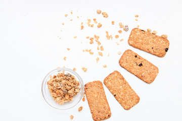 muesli cookies isolated on white background, selective focus. Top view