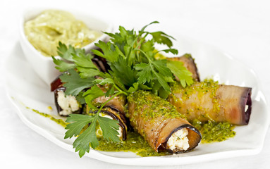 Rolls with filling and sauce.