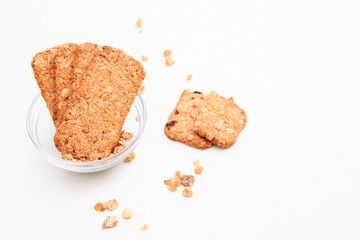 muesli cookies isolated on white background, selective focus. Top view