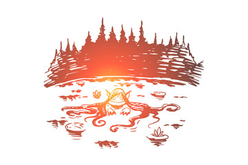 Mermaid, lake nymph, young imaginary water spirit swimming in lake, forest silhouette