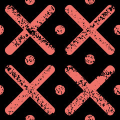 Coral crosses and polka dots with grunge texture for painterly, urban look. Bold seamless geometric vector pattern on black background. Timeless print for stationery, packaging, fabric, giftwrap