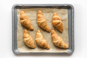 Fresh homemade croissants on baking tray with baking paper. French bakery concept.