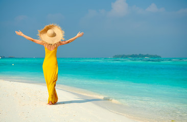 Fototapeta na wymiar Woman in dress walking on tropical beach