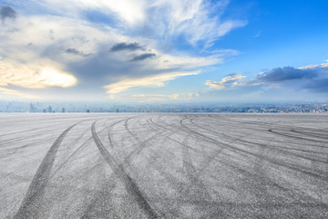 Shanghai city skyline and asphalt race track ground scenery,high angle view