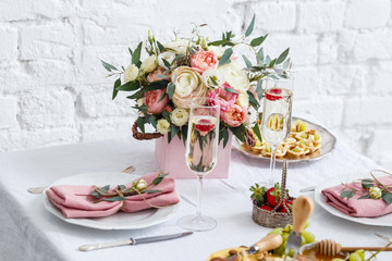 table decoration rose colours white tablecloth flowers fruits cheese