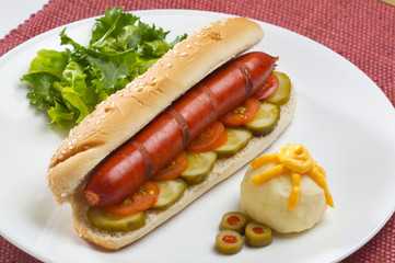 dish with hot german sausage dog