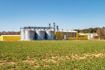 Fototapeta na wymiar agro-processing plant for processing and silos for drying cleaning and storage of agricultural products, flour, cereals and grain. poultry farm