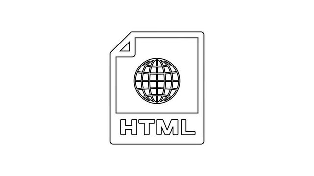 Black HTML file document icon. Download html button line icon on white background. HTML file symbol. Markup language symbol. 4K Video motion graphic animation