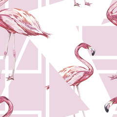Seamless pattern with tropical Flamingo and flowers. Element for design of invitations, movie posters, fabrics and other objects. Isolated on white. Geometry set.