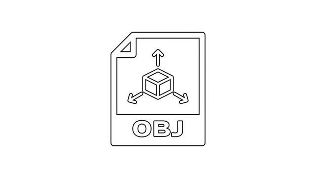 Black OBJ file document icon. Download obj button line icon on white background. OBJ file symbol. 4K Video motion graphic animation