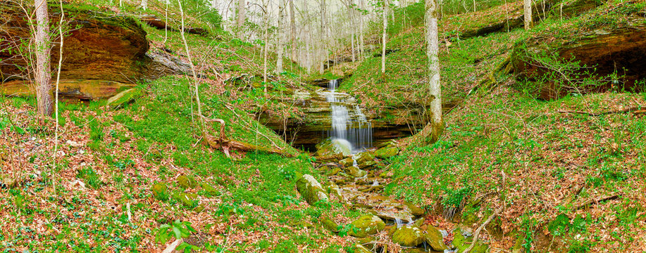 Panorama of a Double Waterfall in Early Spring