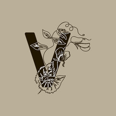 Vector Hand Drawn floral V monogram or logo