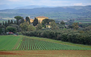 Fototapeta na wymiar Scenic view of beautiful farm building in the cultivated Maremma land, Tuscany, Italy