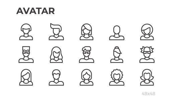 Avatars, users vector icons and profile pictures for website, application, ui. Editable line. Pixel perfect.