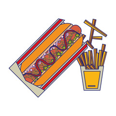 Fast food hot dog with french fries blue lines