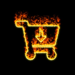 The symbol cart arrow down burns in red fire