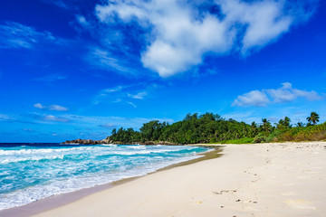Fototapeta na wymiar Beautiful tropical beach,palms,white sand,granite rocks,seychelles 5