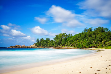 Naklejka na ściany i meble beautiful paradise tropical beach,palms,rocks,white sand,turquoise water, seychelles 4