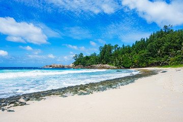Beautiful tropical beach,palms,white sand,granite rocks,seychelles 9