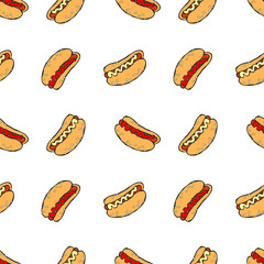 Hot Dog. Cartoon print. Seamless vector pattern (background).