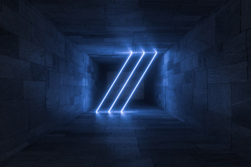 3d rendering, glowing magic lines in anbanoned room, dark background