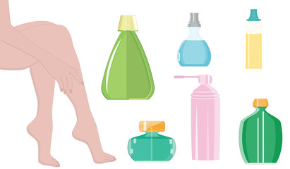 Female legs - set of bottles and jars - isolated on white background, flat style - vector. Cosmetic and therapeutic procedures for the legs.