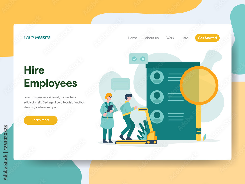 Poster landing page template of hire employees illustration concept. modern flat design concept of web page